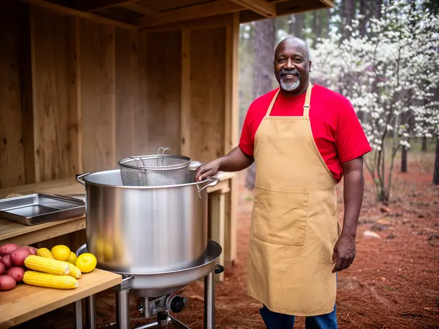 A smiling caterer in a tan apron beside a new stainless-steel boiling pot with corn, lemons and potatoes.