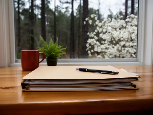 A neat stack of closed manila folders and a pen on a desk by a window.