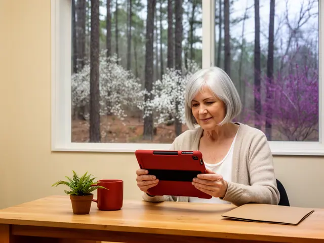 A woman with a short silver bob reviewing a tablet at a desk in a small back office.