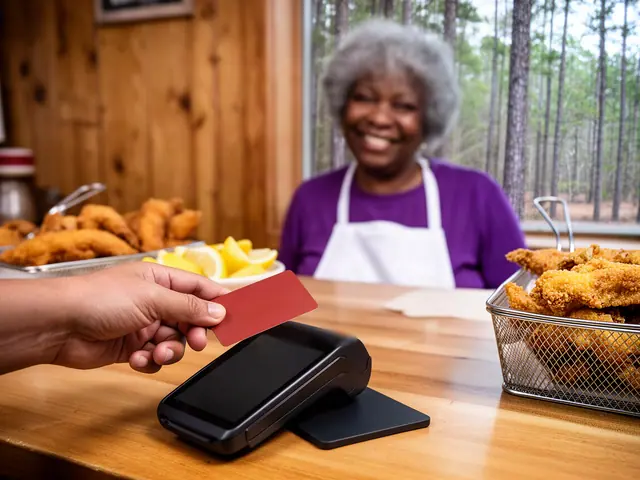 A customer taps a red card on a counter terminal at a fried-catfish restaurant.