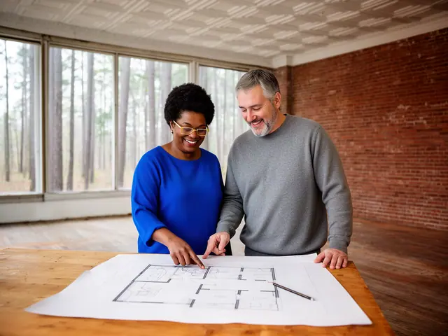 Two business partners looking over a pencil floor sketch in an empty storefront.