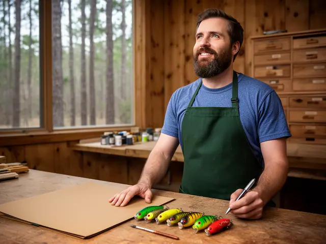 A smiling craftsman in a green apron at a workbench with a row of hand-painted wooden fishing lures.
